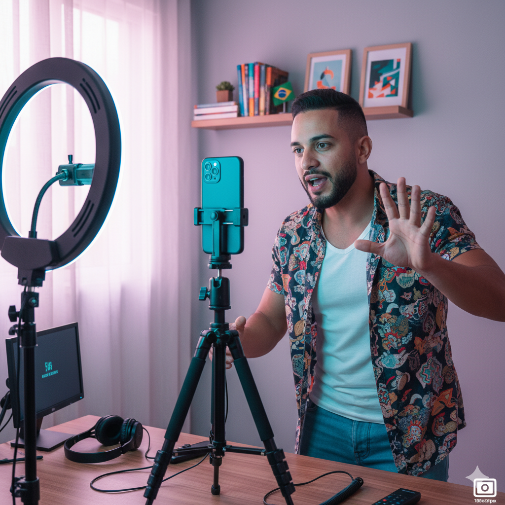 Criador de conteúdo brasileiro em ação, gravando vídeo para redes sociais com smartphone em tripé e ring light em estúdio caseiro profissional